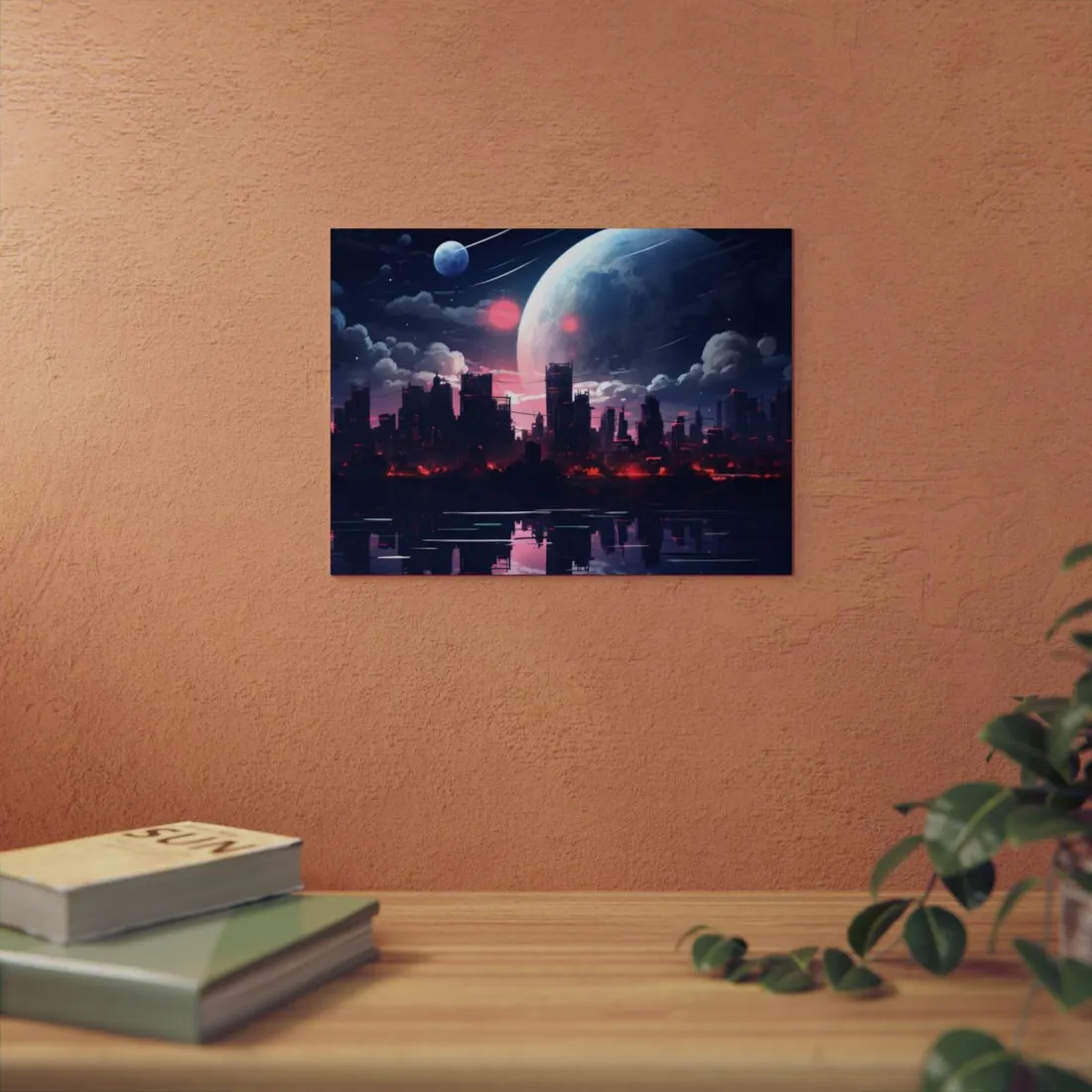 Futuristic city skyline under a large blue moon, reflected in still water – Metal Poster, view 3