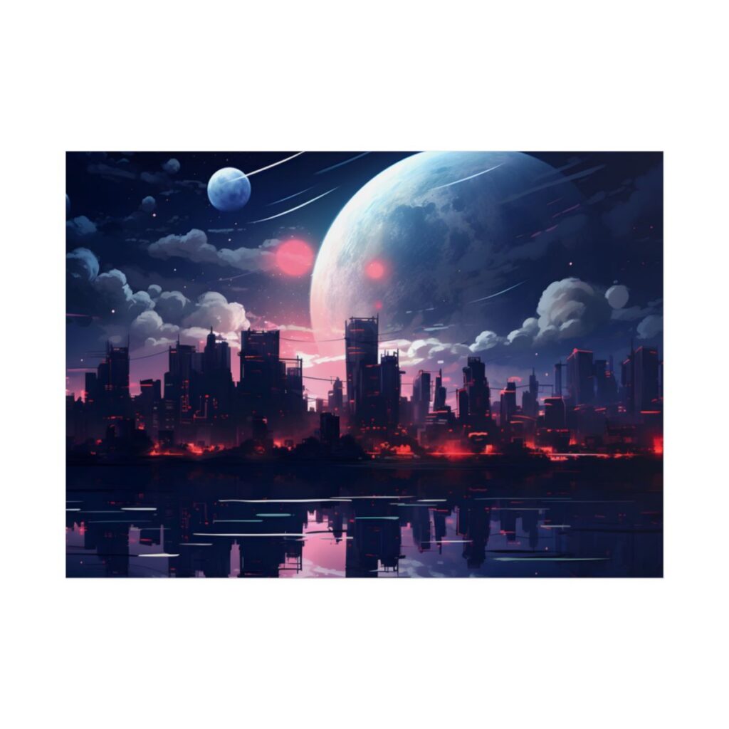 Melancholic Cyberpunk City: Nighttime Landscape Digital Art - Poster