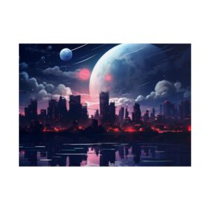 Night City Skyline with Moon Poster