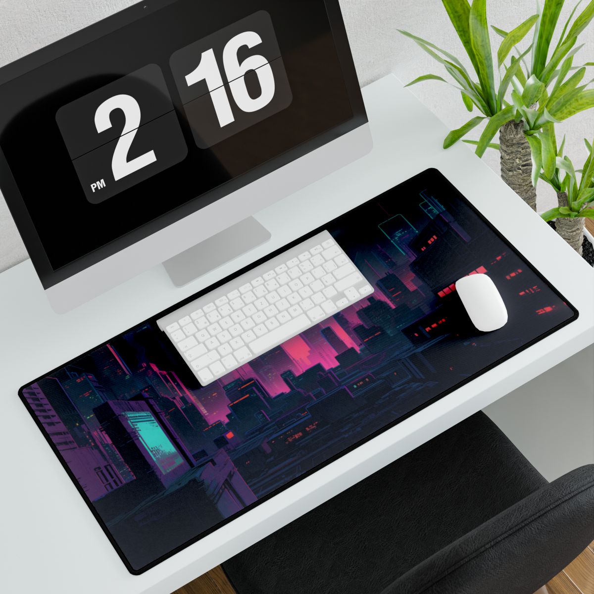 Melancholic Cyberpunk City: Nighttime Scene Digital Art - Desk Mat