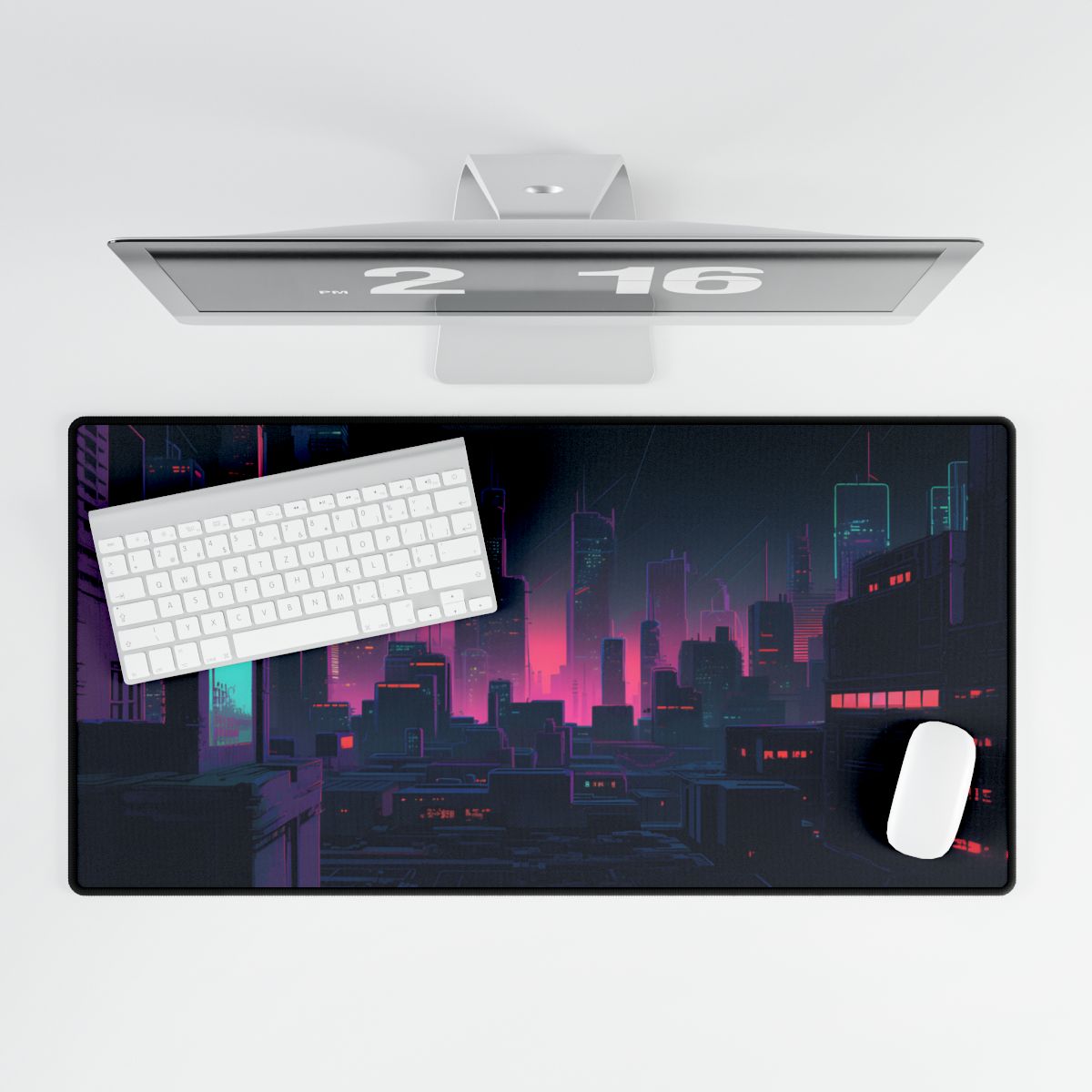Melancholic Cyberpunk City: Nighttime Scene Digital Art - Desk Mat