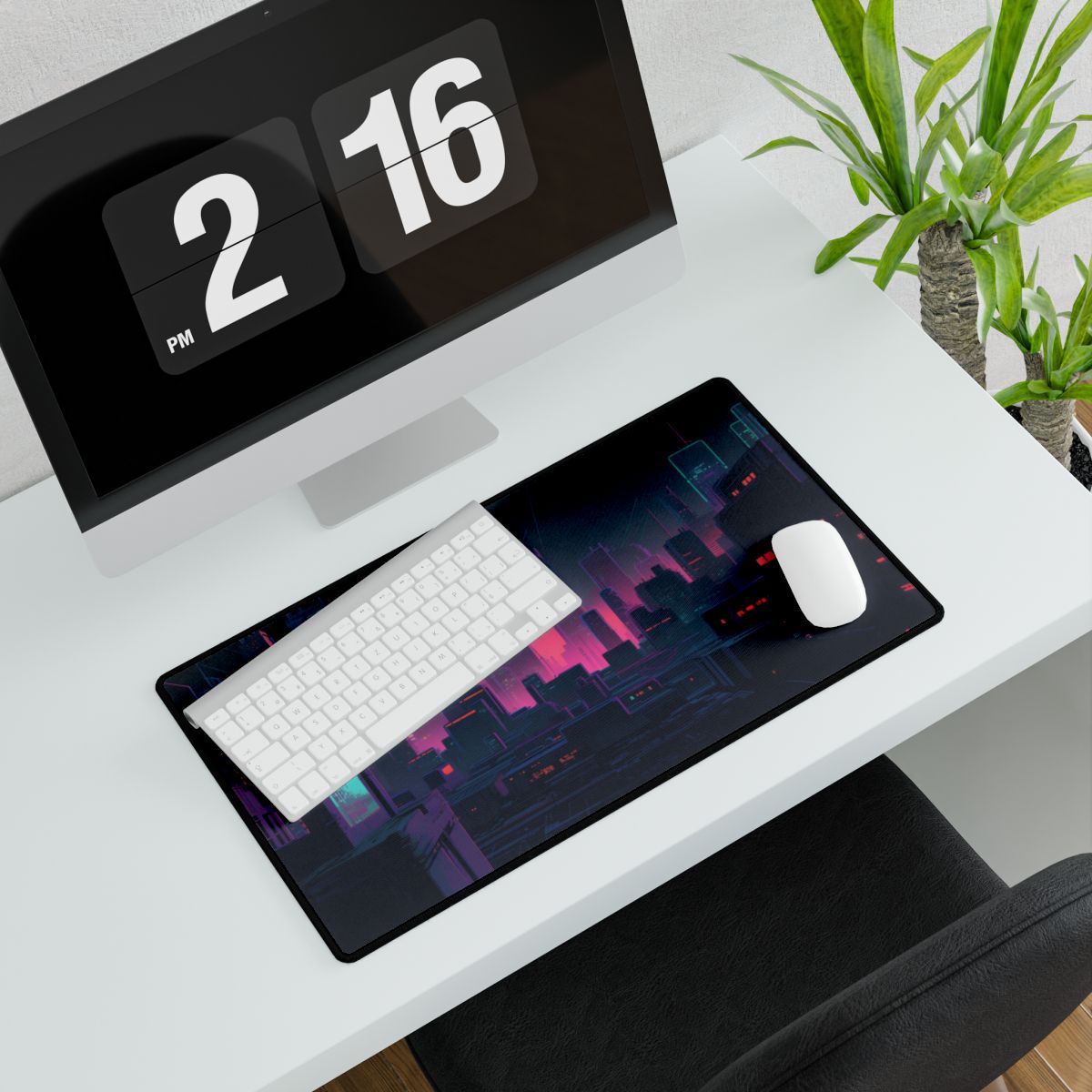 Melancholic Cyberpunk City: Nighttime Scene Digital Art - Desk Mat