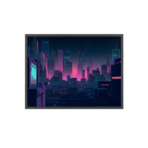 Melancholic Cyberpunk City: Nighttime Scene Digital Art Framed Poster