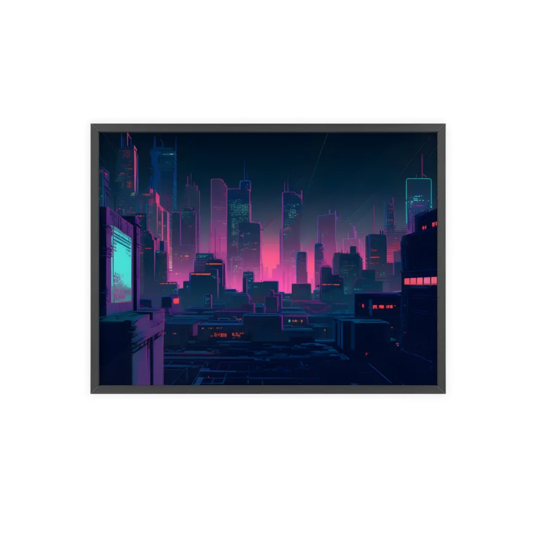 Melancholic Cyberpunk City: Nighttime Scene Digital Art - Framed Poster