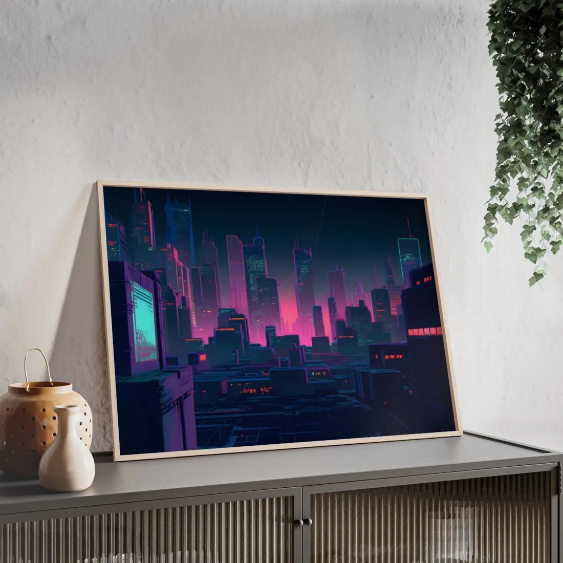 Melancholic Cyberpunk City: Nighttime Scene Digital Art - Framed Poster