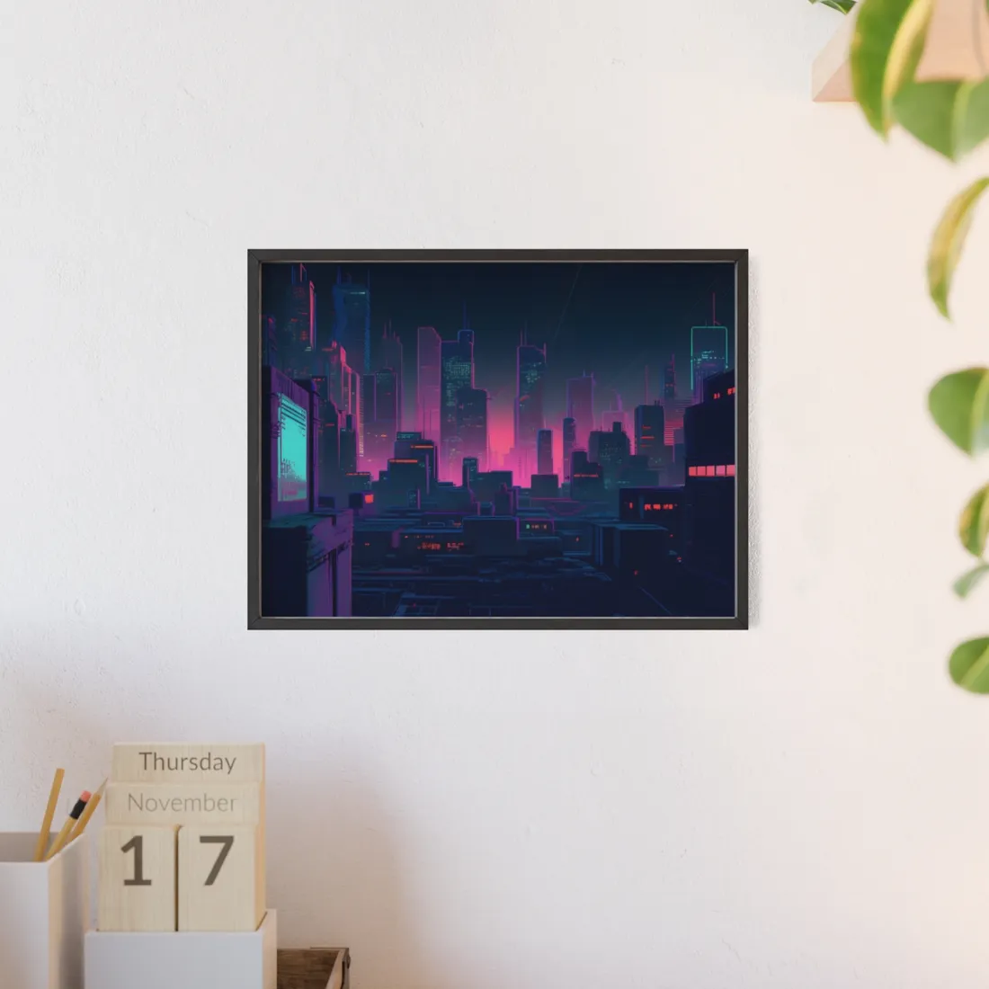 Melancholic Cyberpunk City: Nighttime Scene Digital Art - Framed Poster