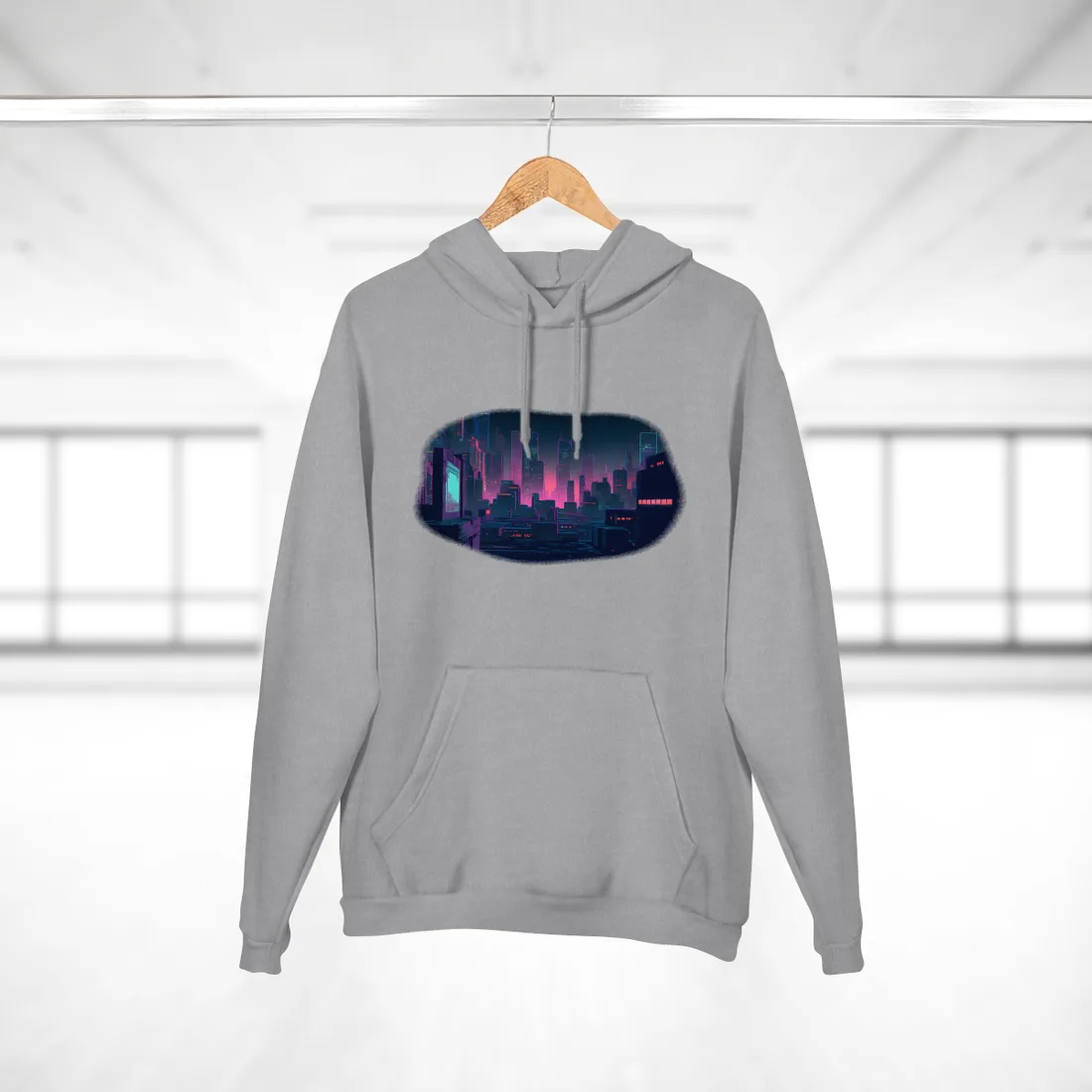 Neon-lit futuristic city skyline at night with glowing pink sunset and tall towers – Hoodie, heather grey