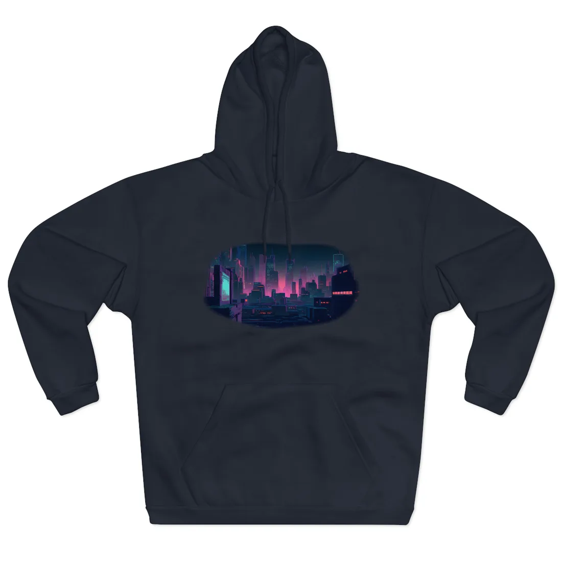 Neon-lit futuristic city skyline at night with glowing pink sunset and tall towers – Hoodie, navy