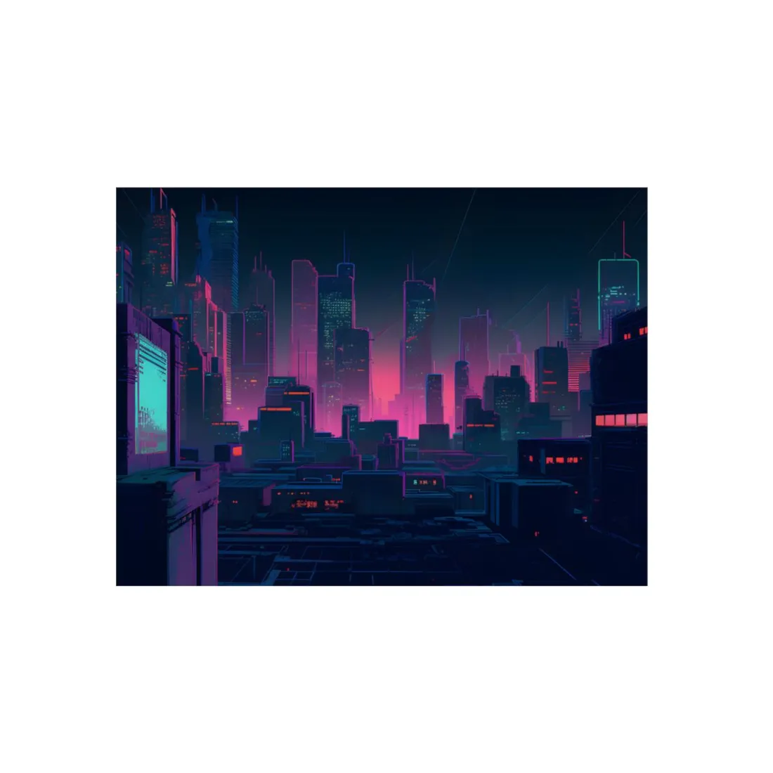Melancholic Cyberpunk City: Nighttime Scene Digital Art - Metal Poster