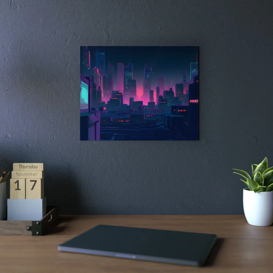 Melancholic Cyberpunk City: Nighttime Scene Digital Art - Metal Poster