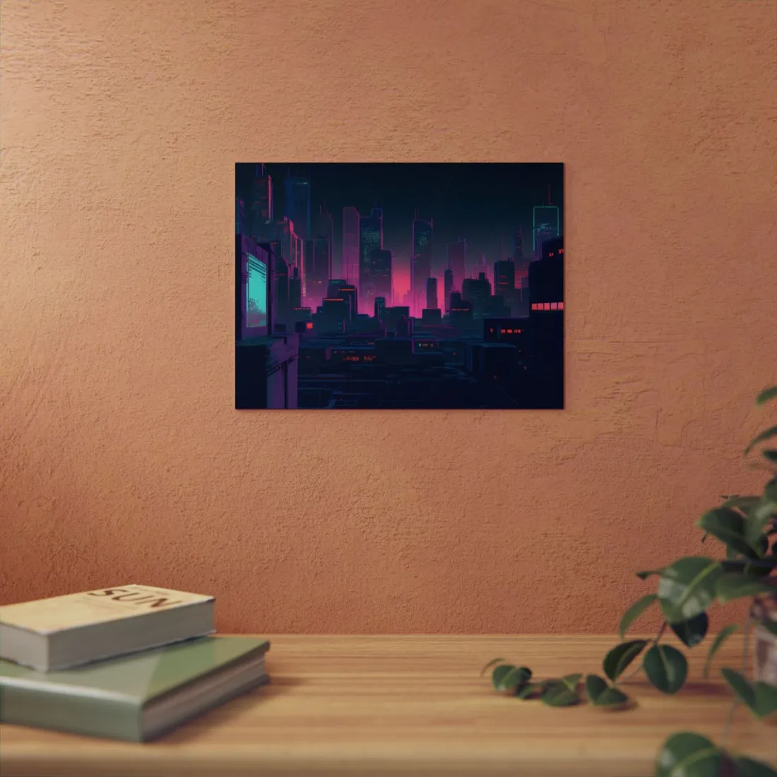 Melancholic Cyberpunk City: Nighttime Scene Digital Art - Metal Poster