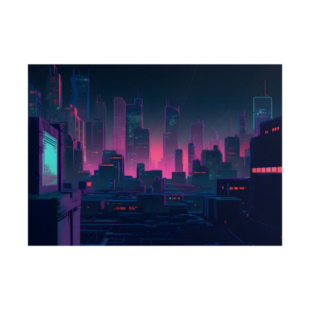 Melancholic Cyberpunk City: Nighttime Scene Digital Art - Poster