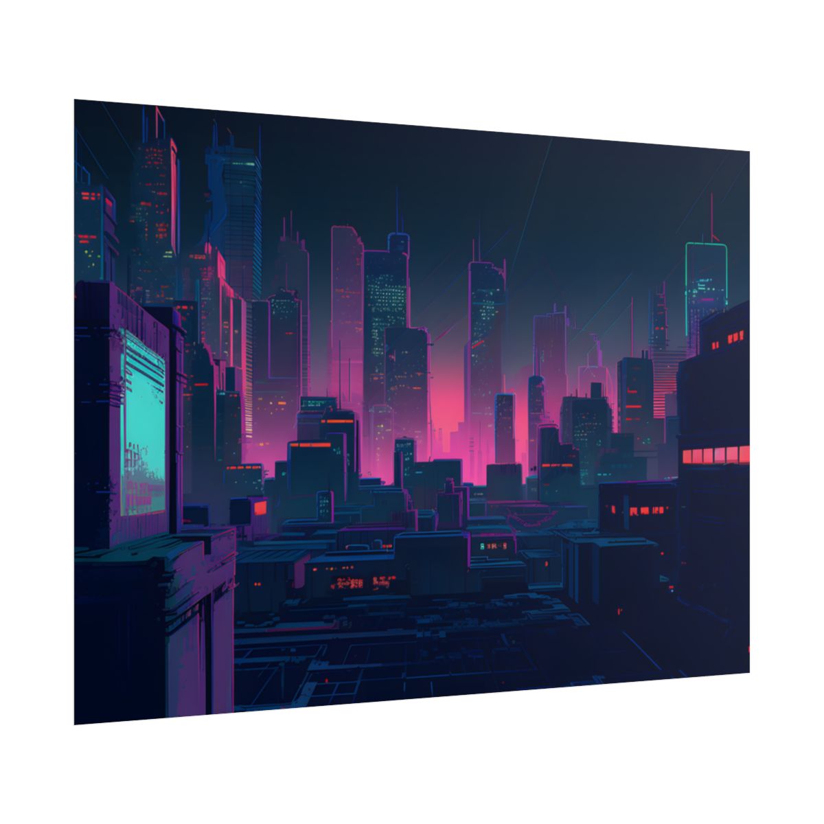Melancholic Cyberpunk City: Nighttime Scene Digital Art - Poster