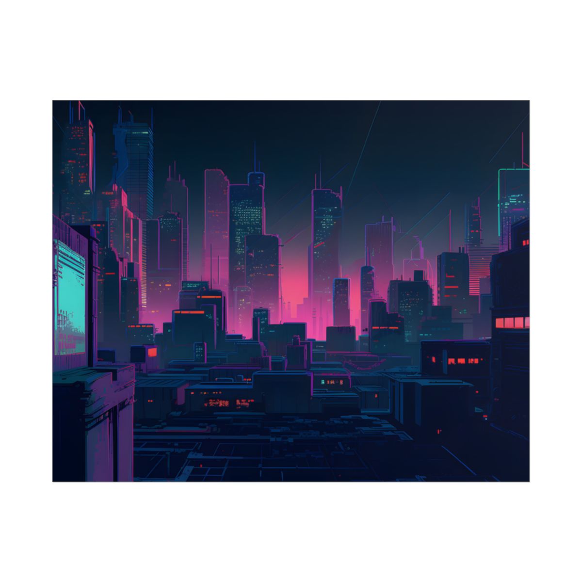 Melancholic Cyberpunk City: Nighttime Scene Digital Art - Poster