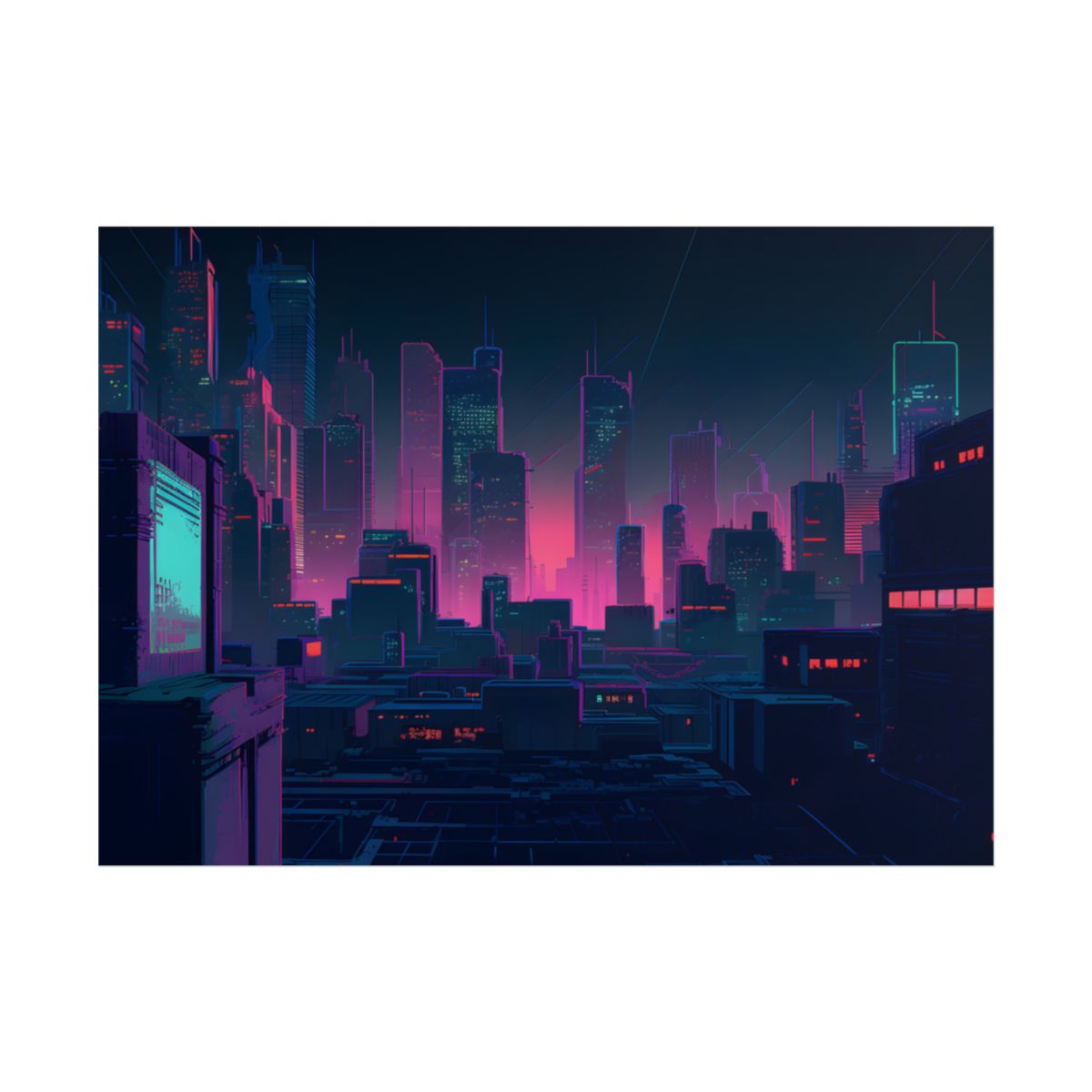 Melancholic Cyberpunk City: Nighttime Scene Digital Art - Poster