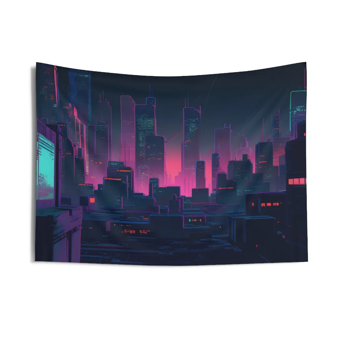Melancholic Cyberpunk City: Nighttime Scene Digital Art - Wall Tapestry