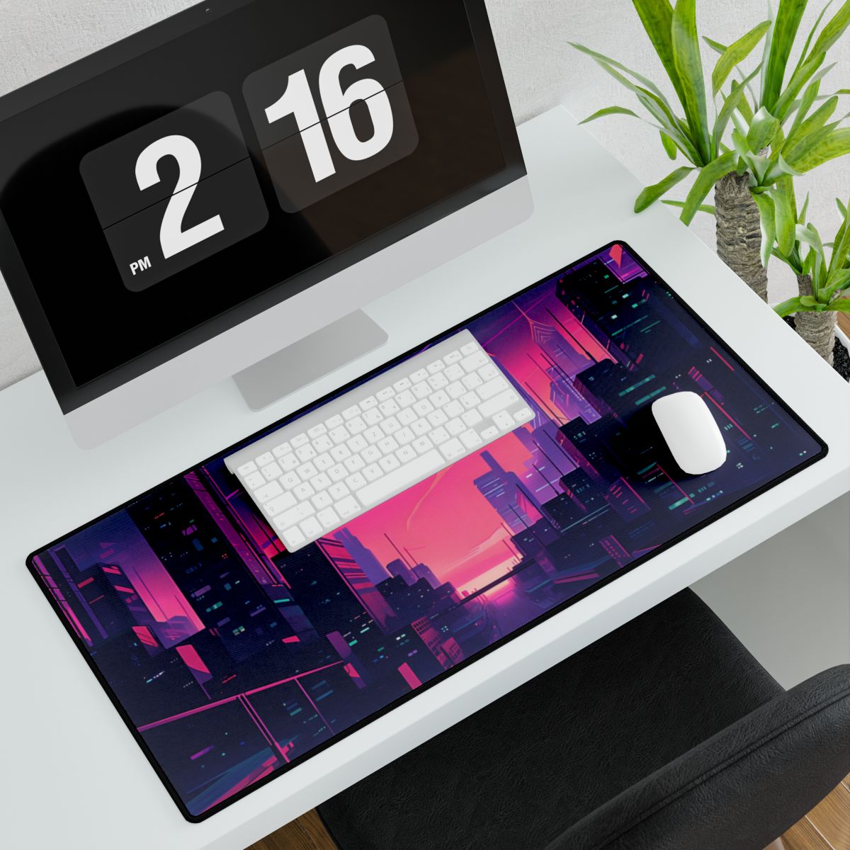 Melancholic Cyberpunk Cityscape: Neon Night Digital Art - Desk Mat