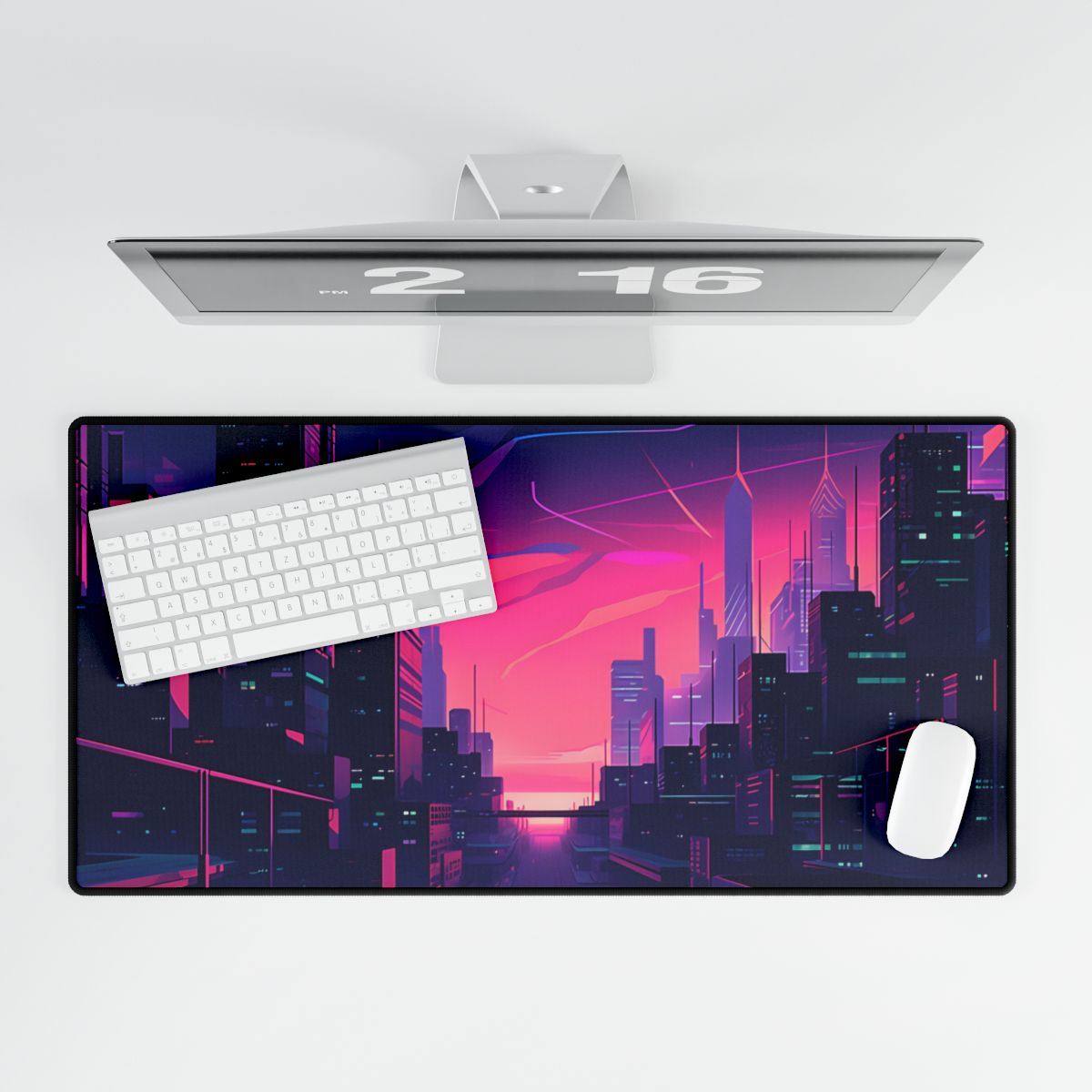 Melancholic Cyberpunk Cityscape: Neon Night Digital Art - Desk Mat