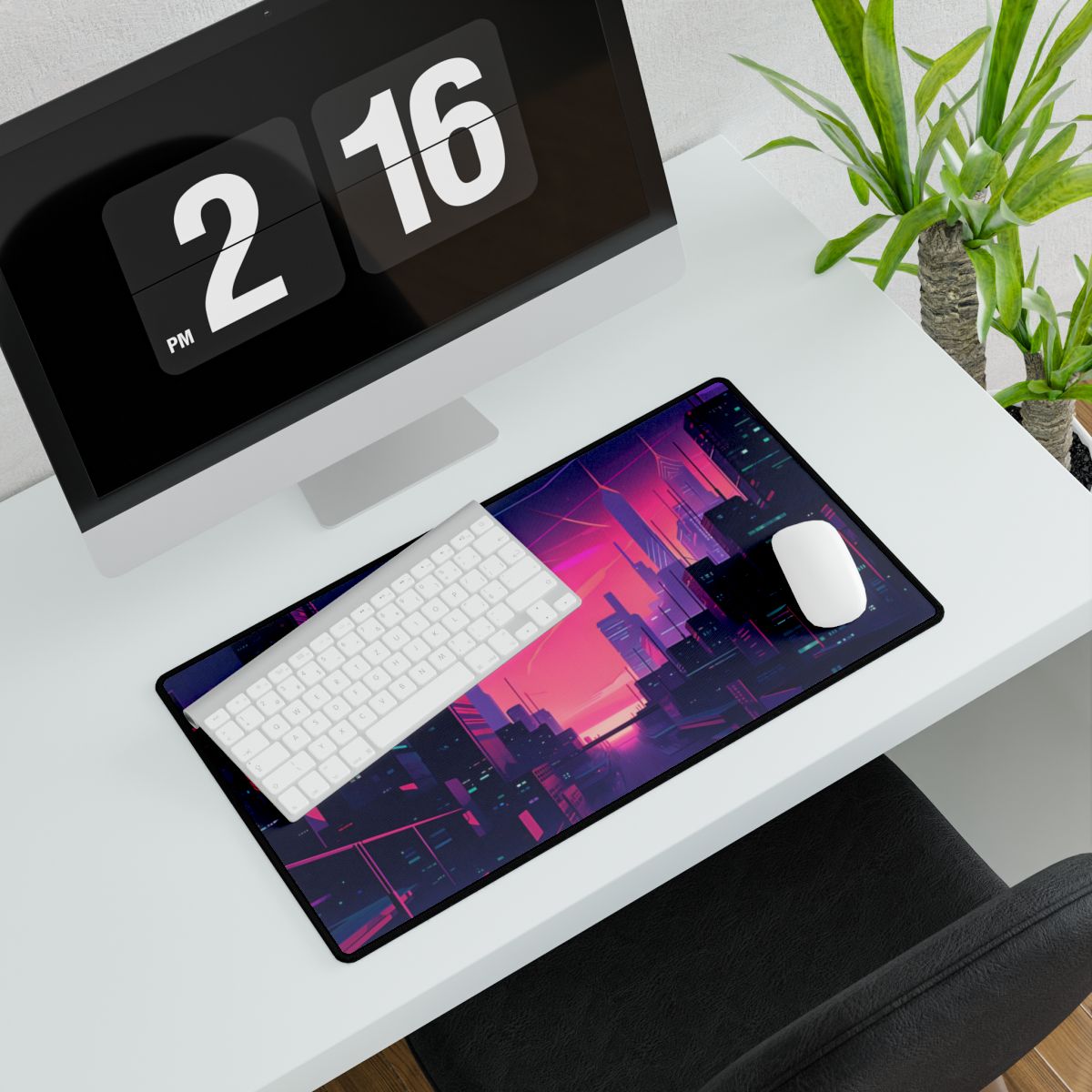 Melancholic Cyberpunk Cityscape: Neon Night Digital Art - Desk Mat