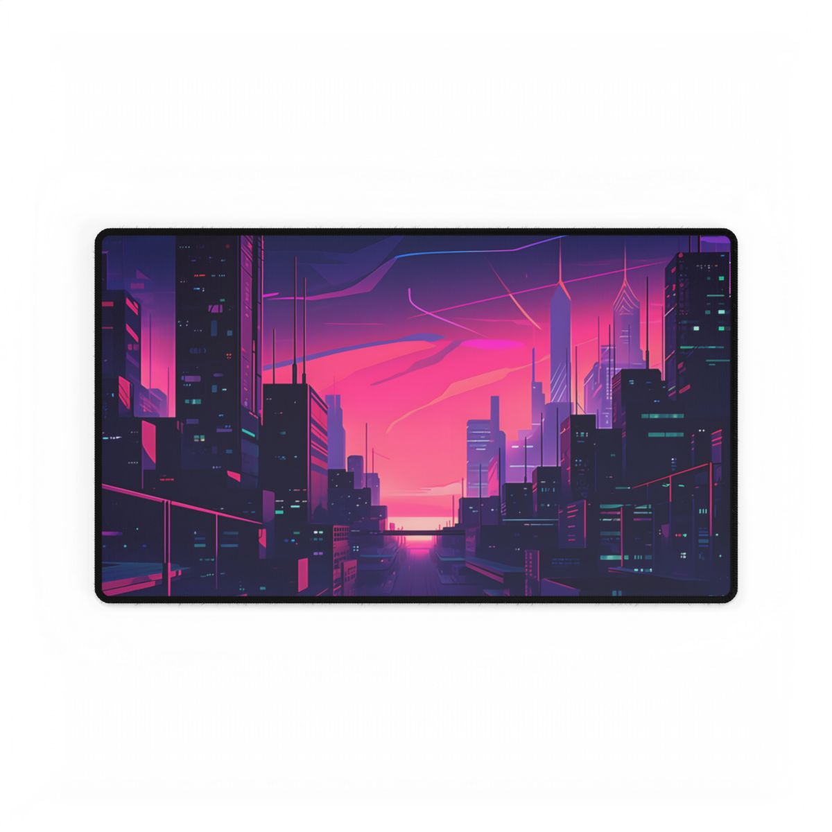 Melancholic Cyberpunk Cityscape: Neon Night Digital Art - Desk Mat
