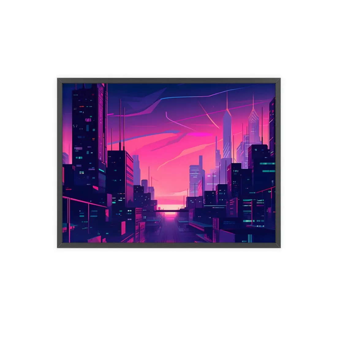 Melancholic Cyberpunk Cityscape: Neon Night Digital Art - Framed Poster