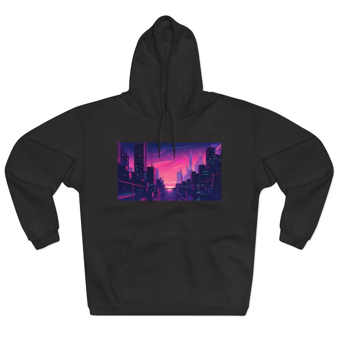 Melancholic Cyberpunk Cityscape: Neon Night Digital Art - Hoodie