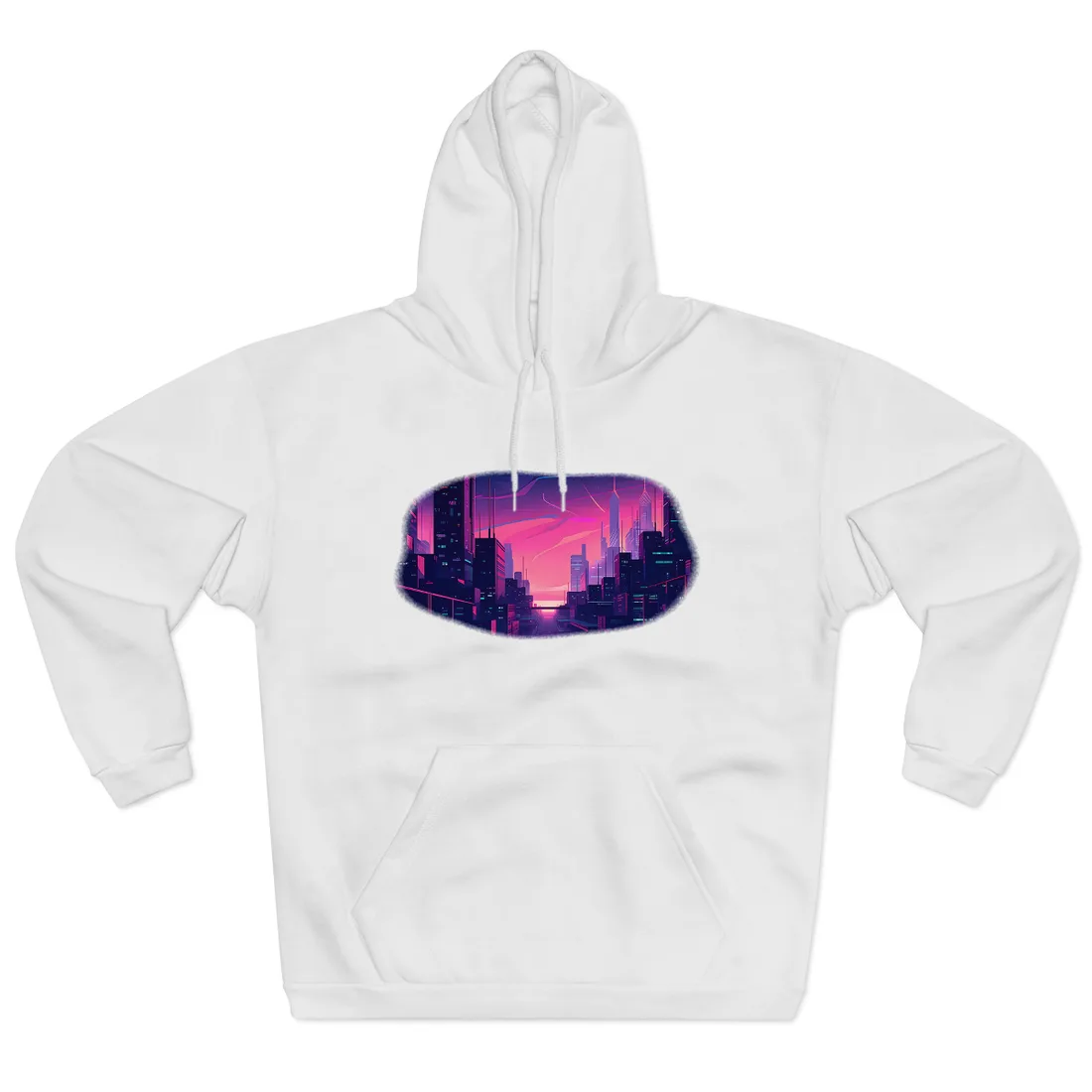 Melancholic Cyberpunk Cityscape: Neon Night Digital Art Hoodie - Hoodie (White)