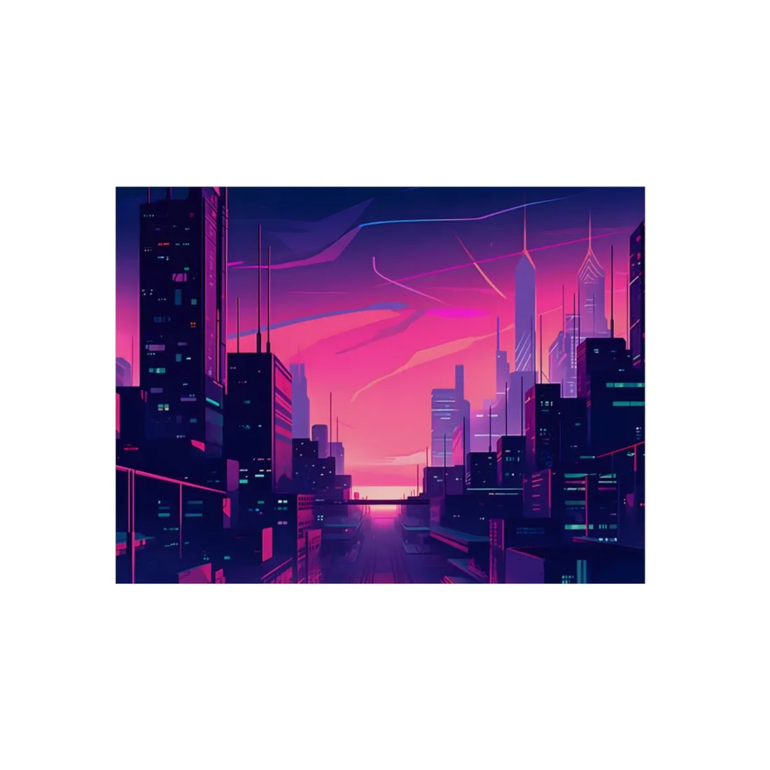 Melancholic Cyberpunk Cityscape: Neon Night Digital Art - Metal Poster