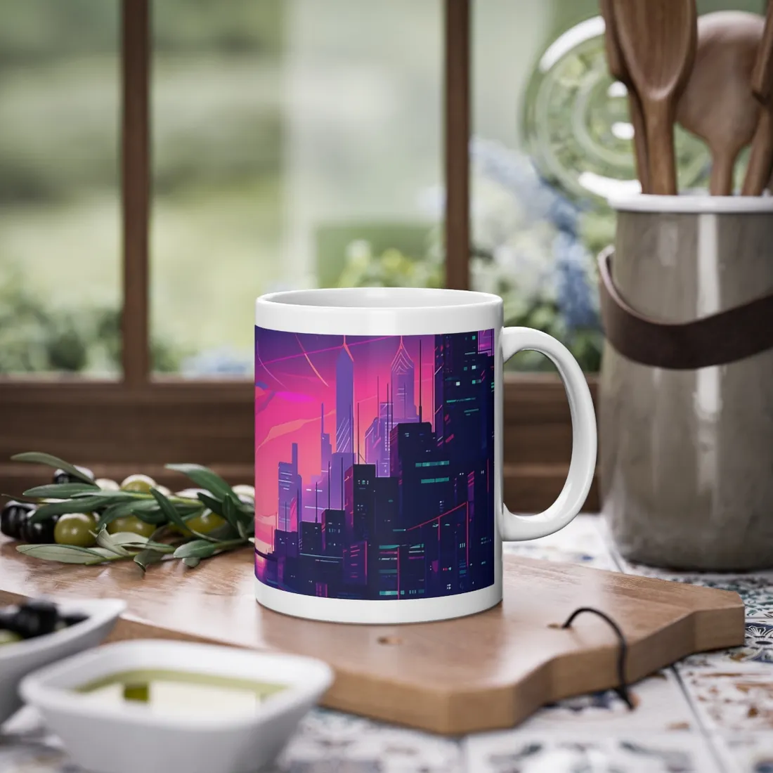 Melancholic Cyberpunk Cityscape: Neon Night Digital Art - Mug