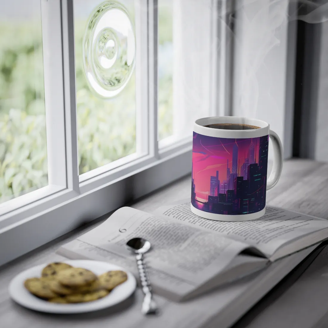 Melancholic Cyberpunk Cityscape: Neon Night Digital Art - Mug