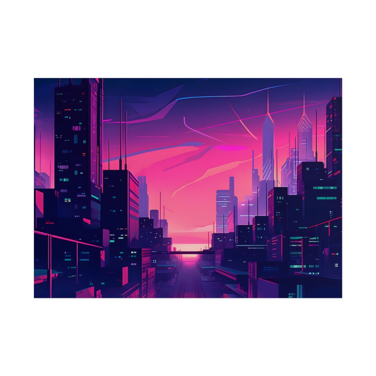 Melancholic Cyberpunk Cityscape: Neon Night Digital Art - Poster