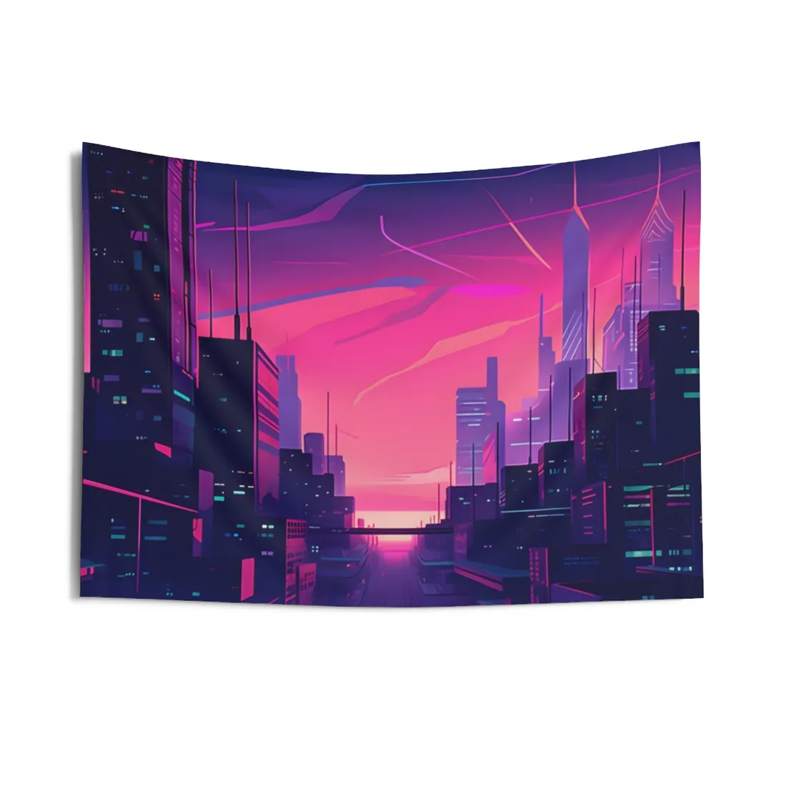 Melancholic Cyberpunk Cityscape: Neon Night Digital Art - Wall Tapestry