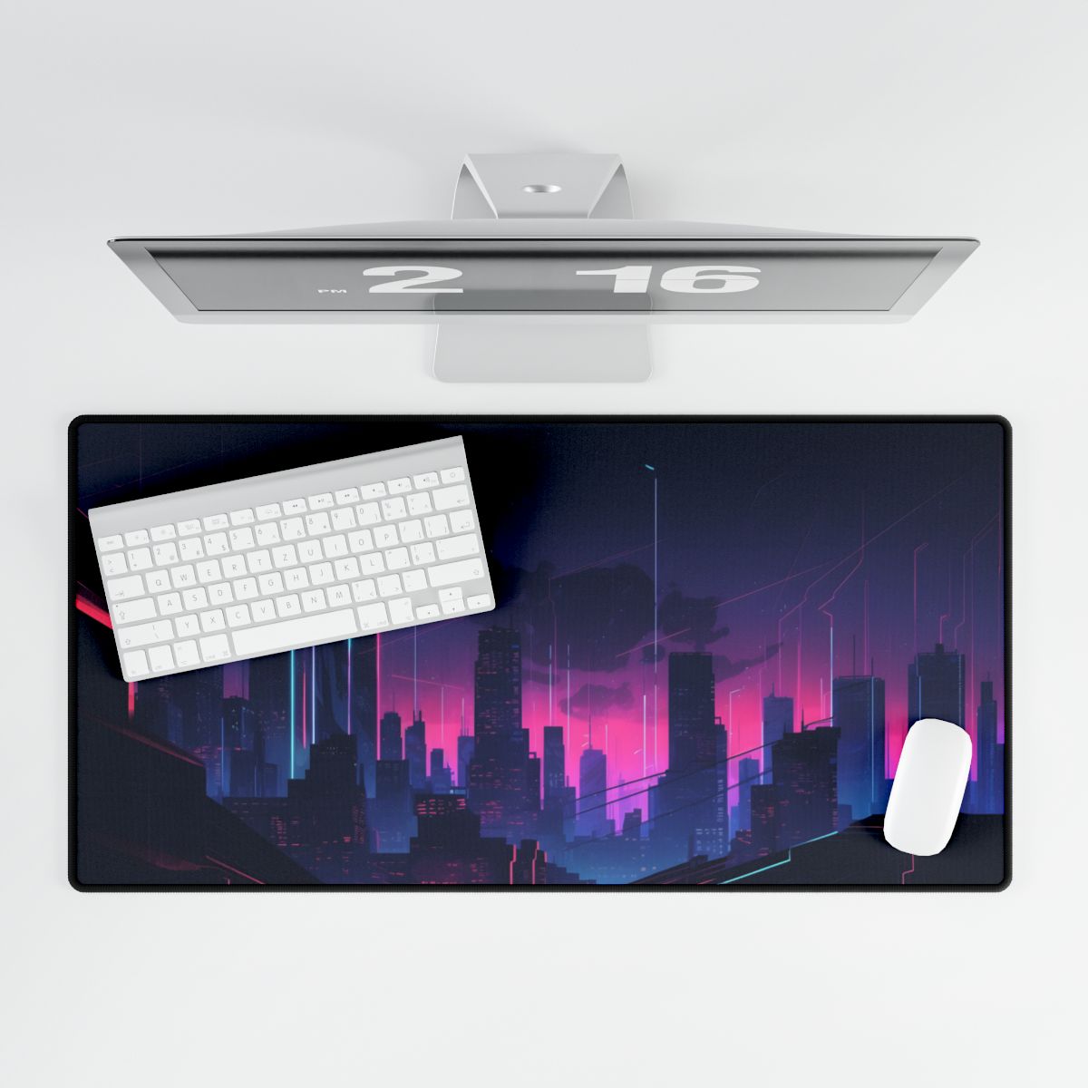 Melancholic Cyberpunk Cityscape: Nighttime Digital Art - Desk Mat