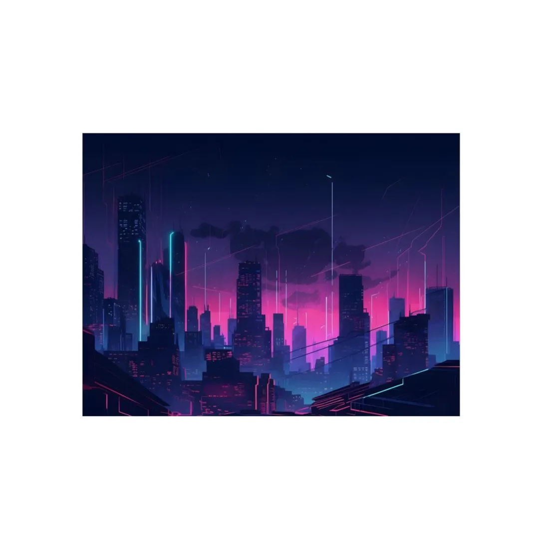 Melancholic Cyberpunk Cityscape: Nighttime Digital Art - Metal Poster