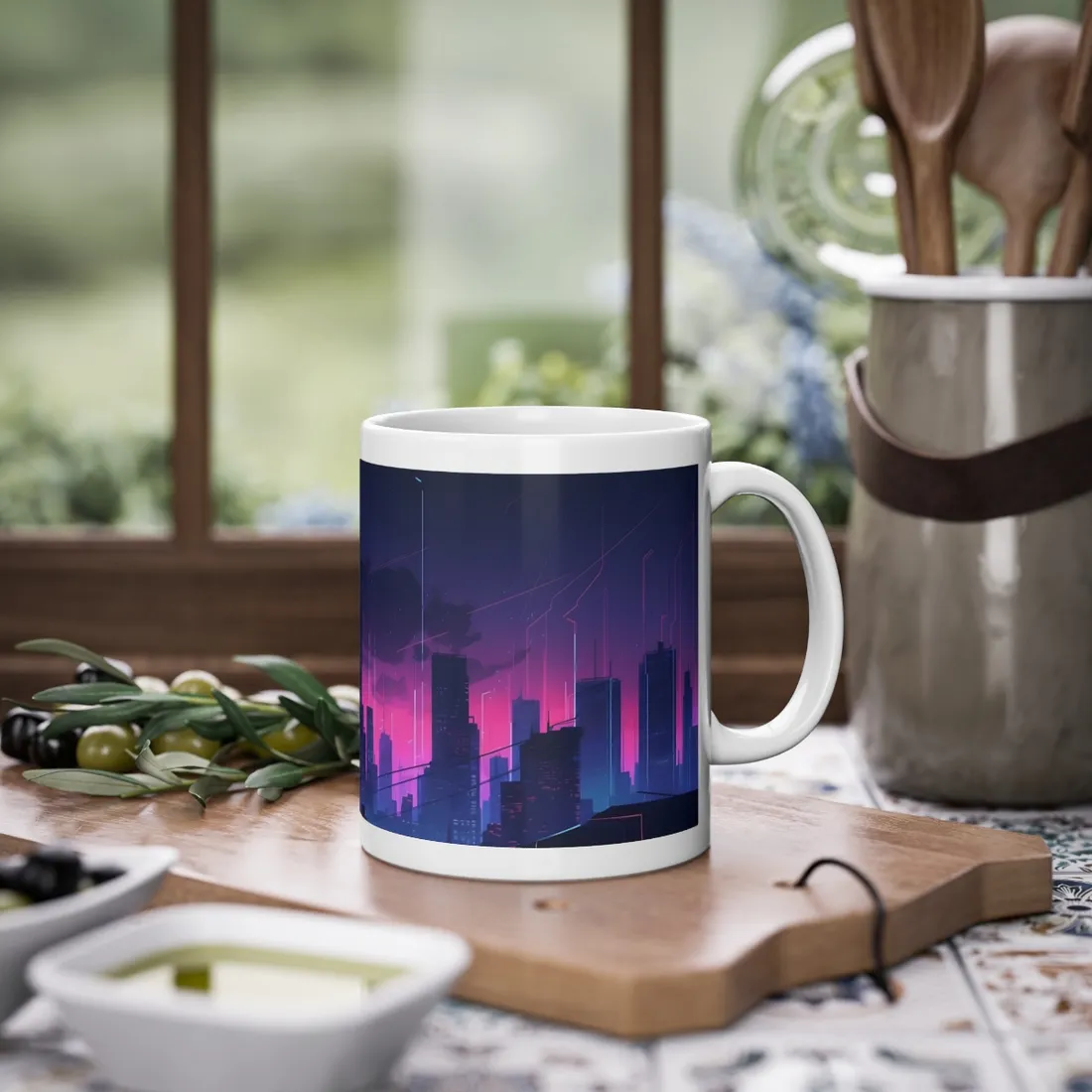 Melancholic Cyberpunk Cityscape: Nighttime Digital Art - Mug