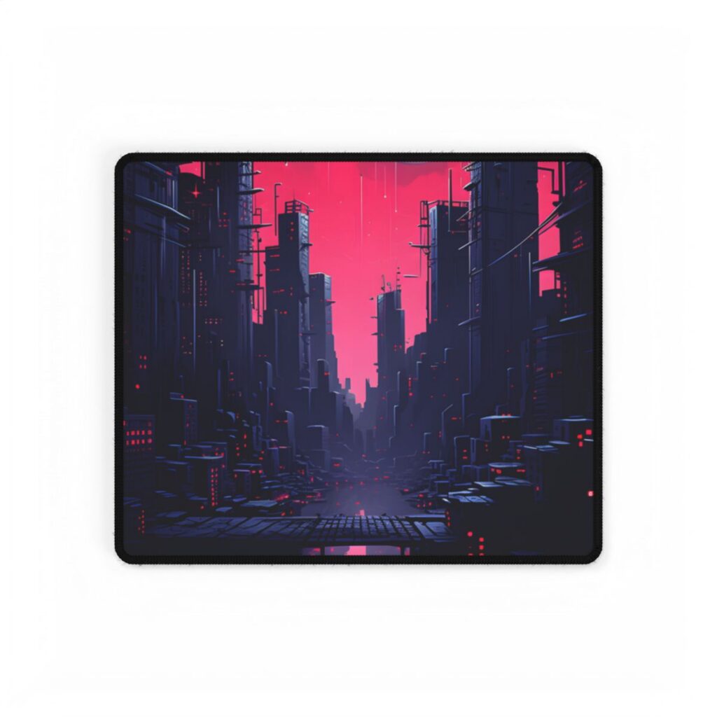 Melancholic Cyberpunk Cityscape: Nighttime Digital Artwork - Desk Mat