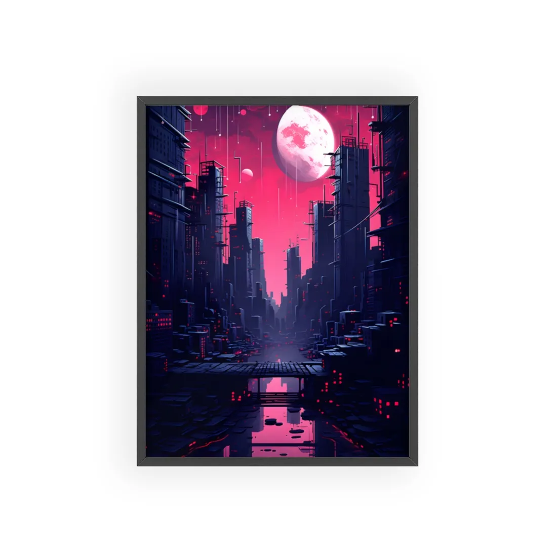 Melancholic Cyberpunk Cityscape: Nighttime - Framed Poster
