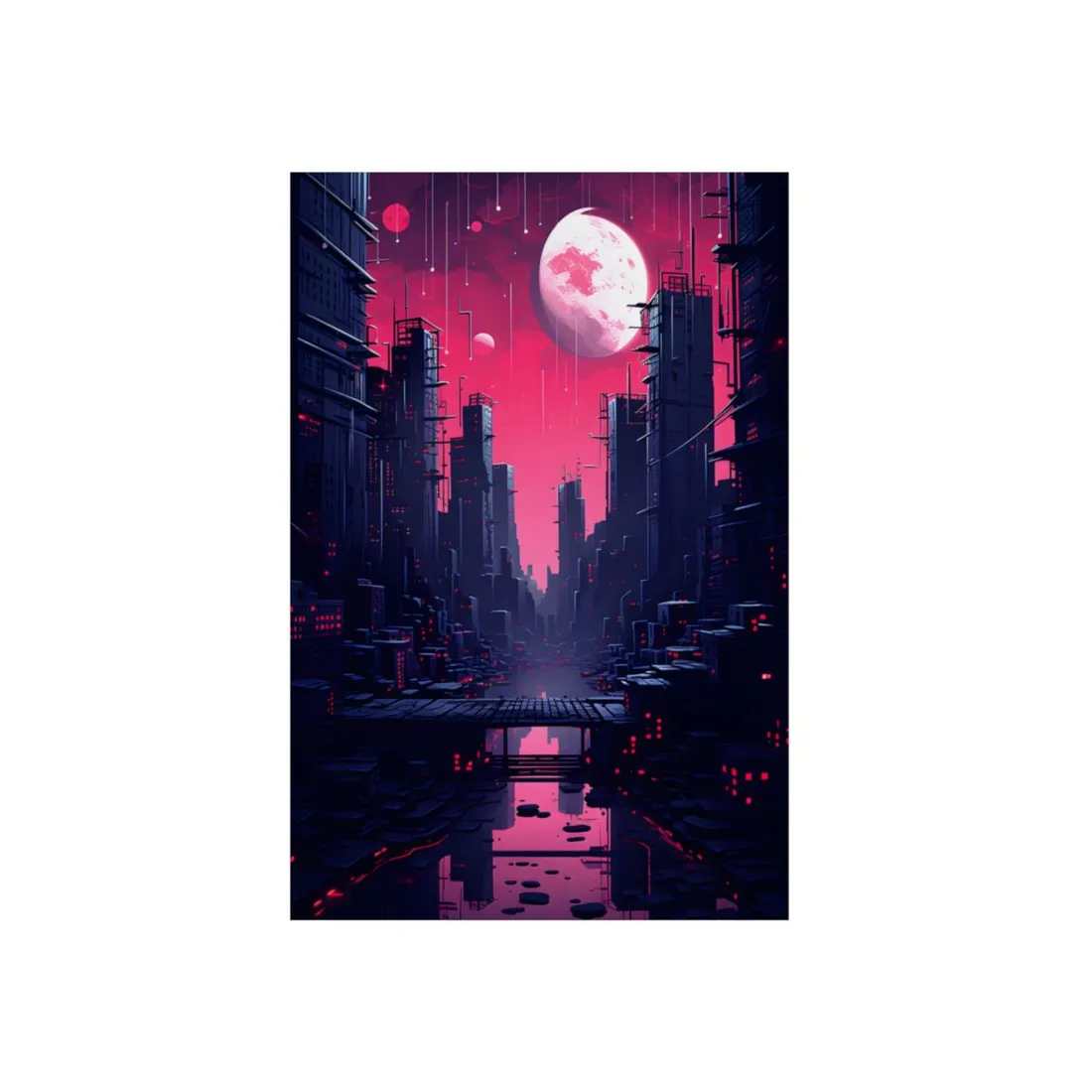 Melancholic Cyberpunk Cityscape: Nighttime - Metal Poster