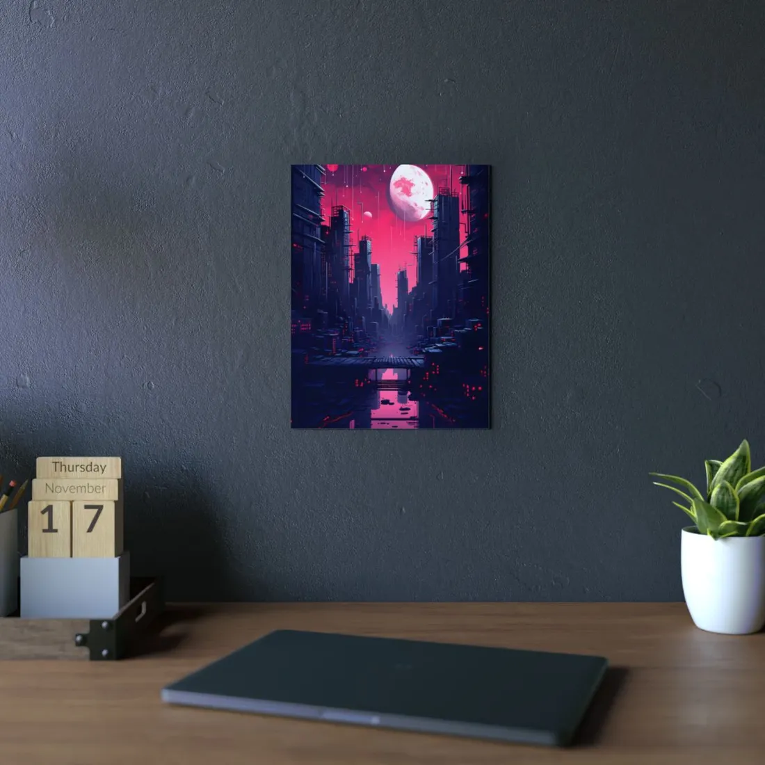 Melancholic Cyberpunk Cityscape: Nighttime - Metal Poster