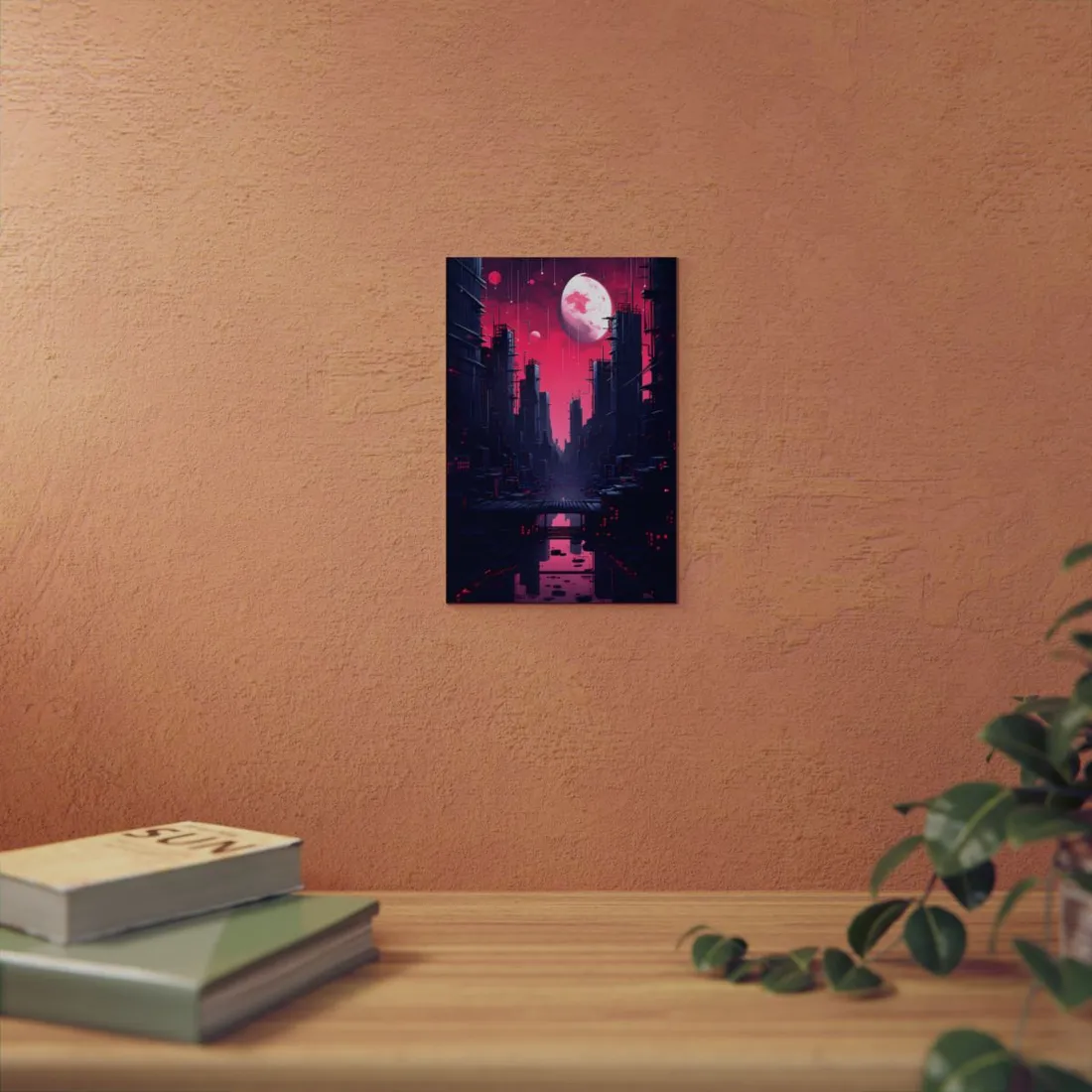 Melancholic Cyberpunk Cityscape: Nighttime - Metal Poster