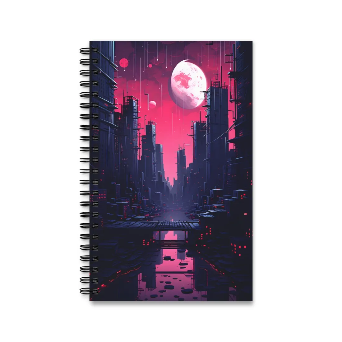 Melancholic Cyberpunk Cityscape: Nighttime - Spiral Notebook