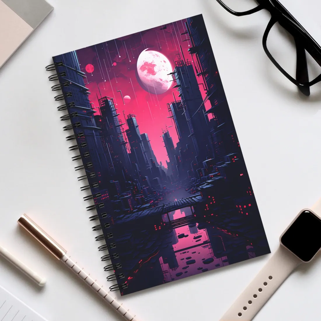 Melancholic Cyberpunk Cityscape: Nighttime - Spiral Notebook