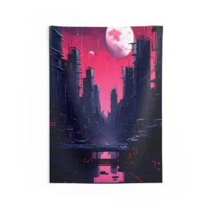 Neon Moonlit Metropolis Wall Tapestry