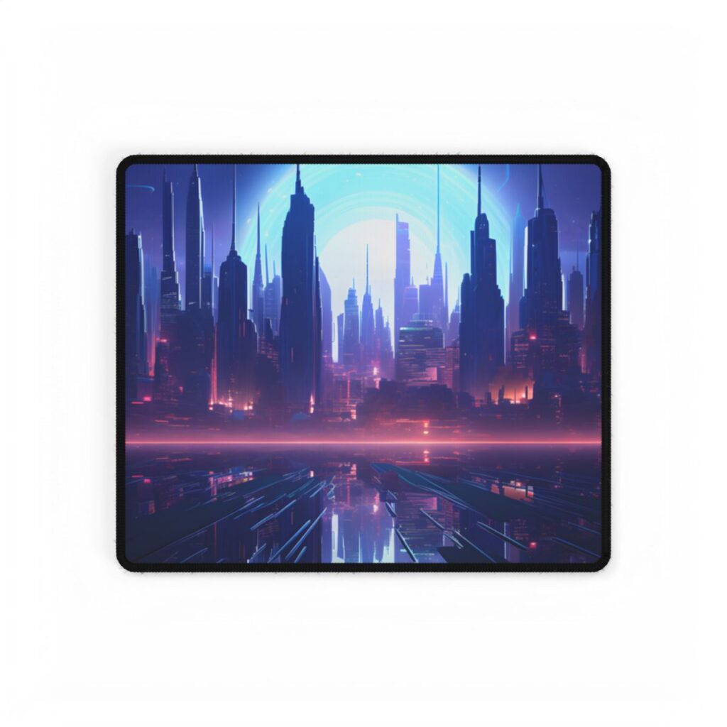Melancholic Cyberpunk Night: Dark Cityscape Digital Art - Desk Mat