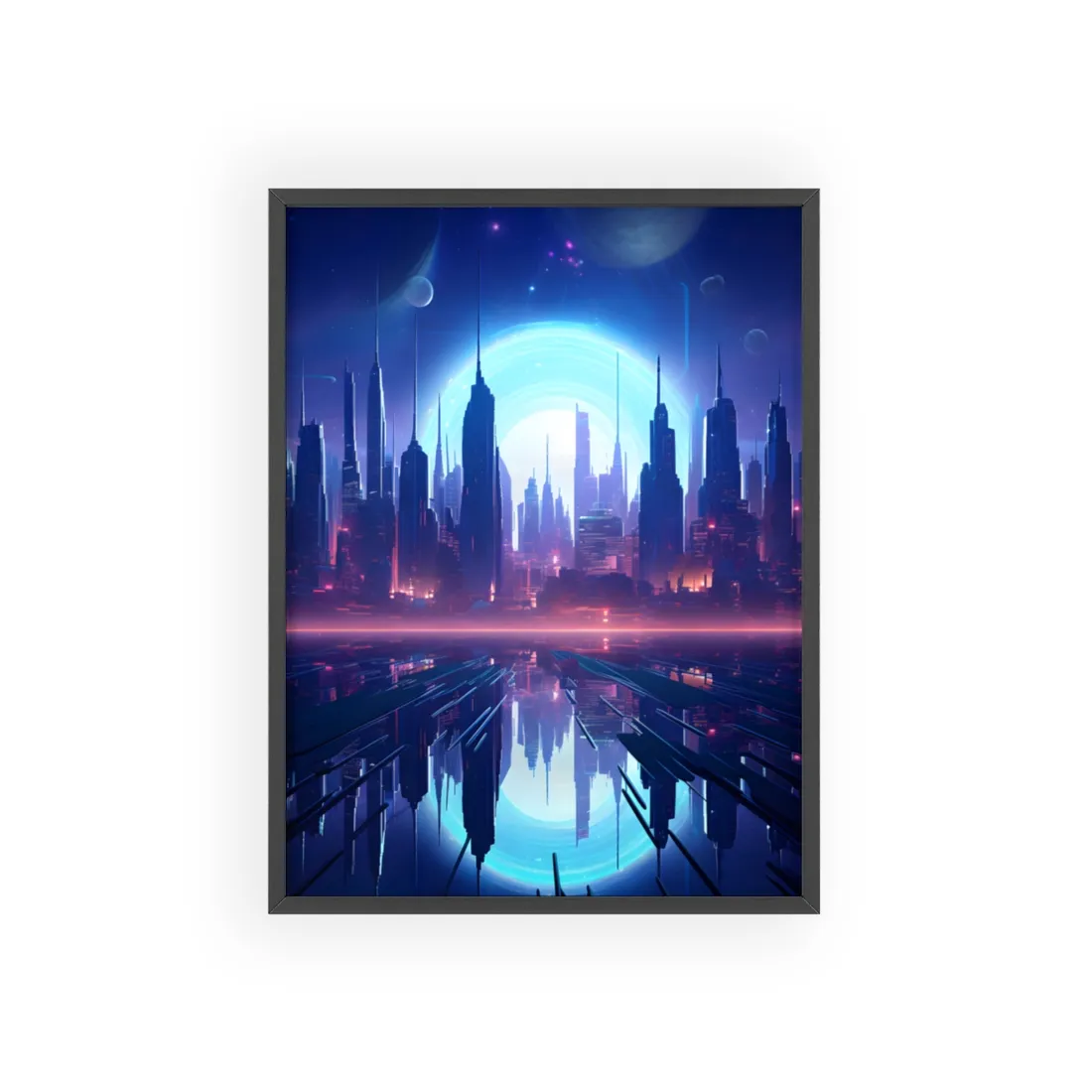 Melancholic Cyberpunk Night: Dark Cityscape Digital Art - Framed Poster