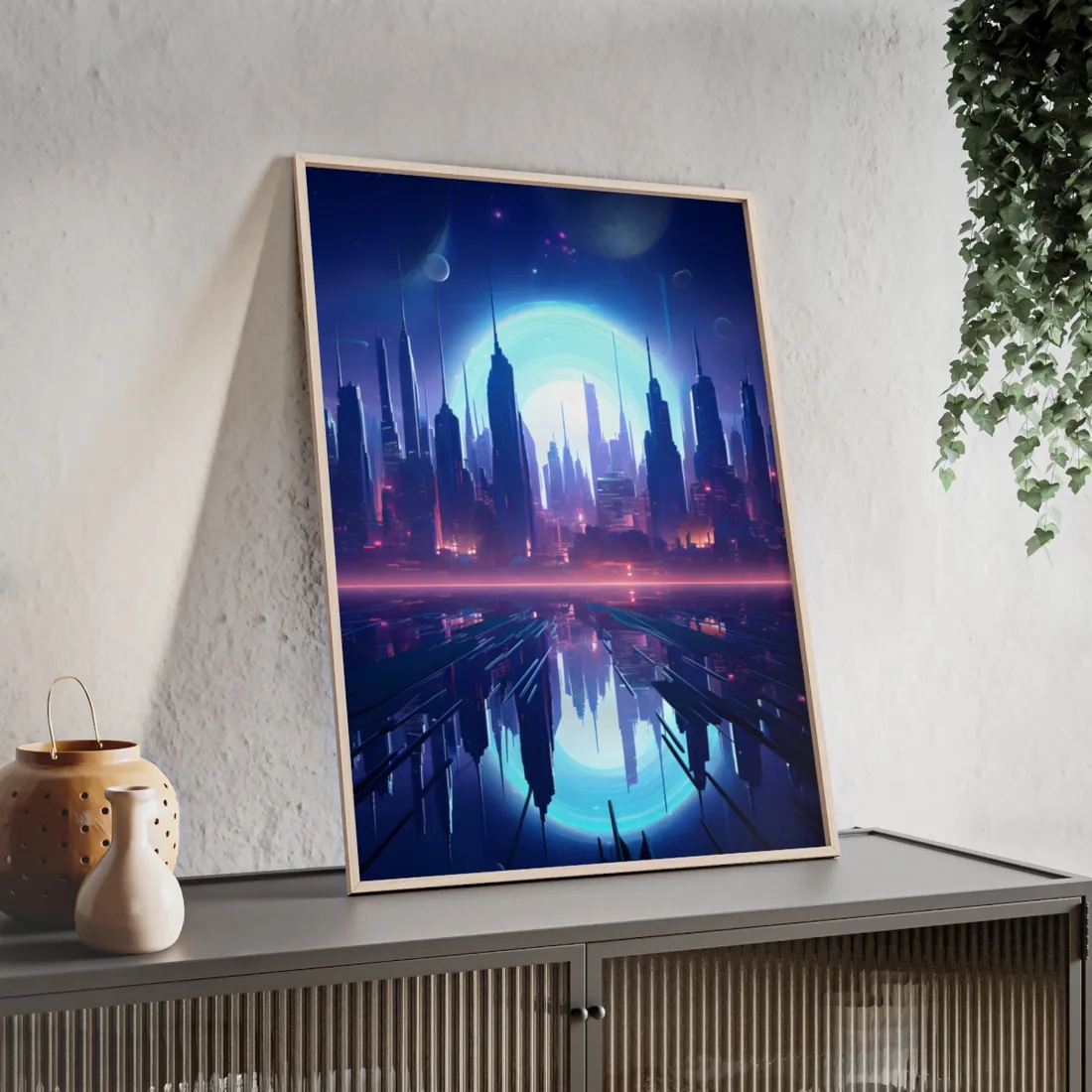Melancholic Cyberpunk Night: Dark Cityscape Digital Art - Framed Poster
