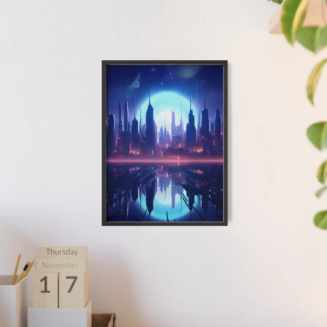 Melancholic Cyberpunk Night: Dark Cityscape Digital Art - Framed Poster