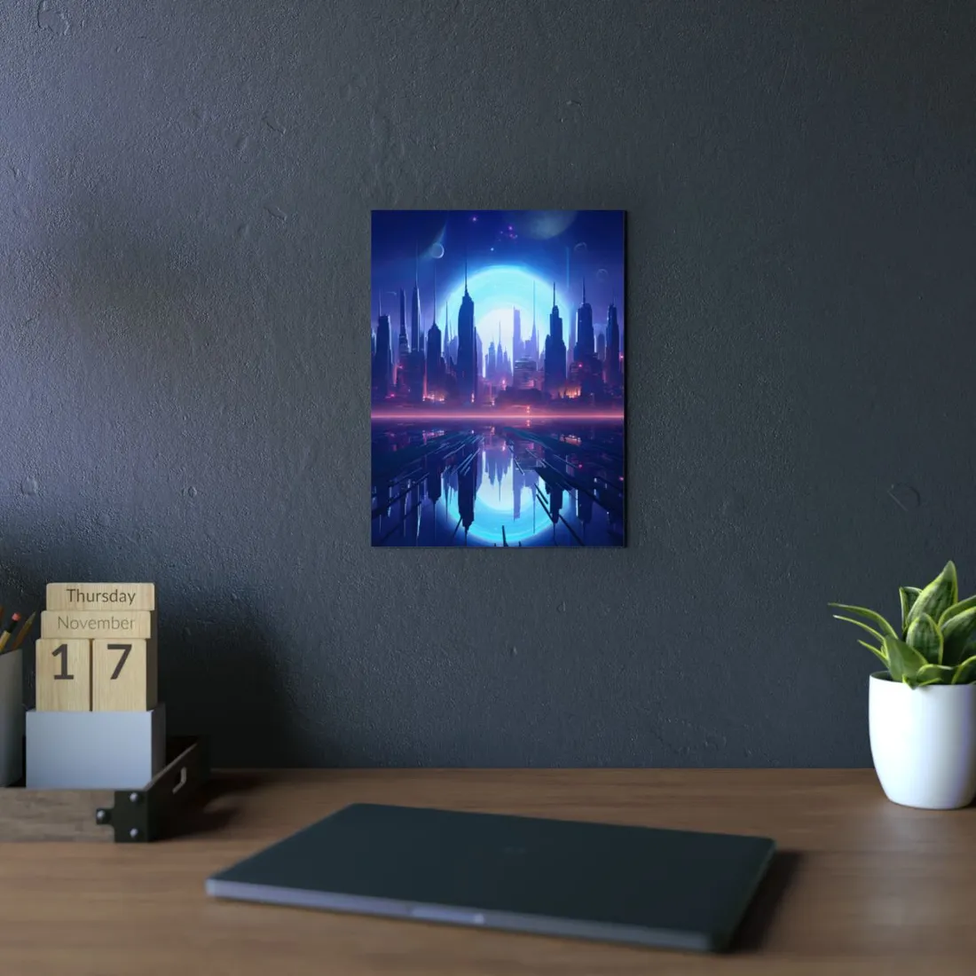 Melancholic Cyberpunk Night: Dark Cityscape Digital Art - Metal Poster
