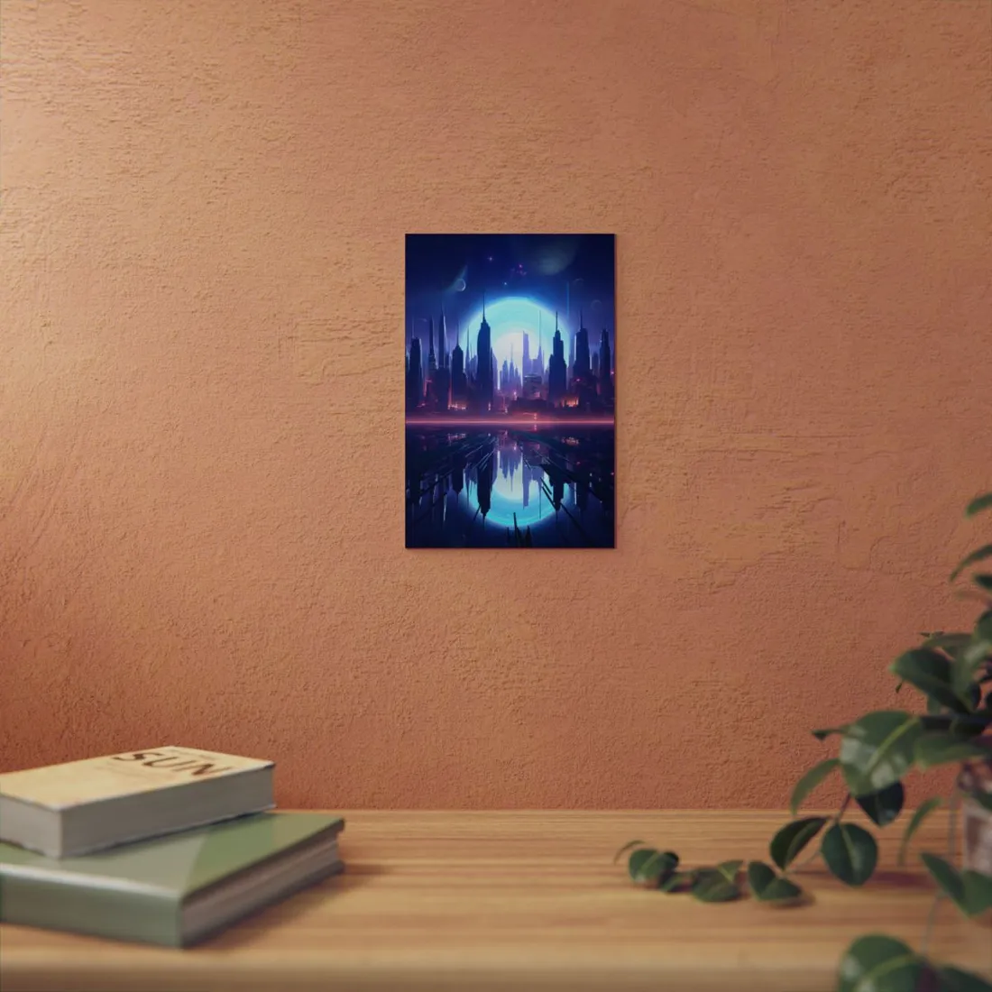 Melancholic Cyberpunk Night: Dark Cityscape Digital Art - Metal Poster
