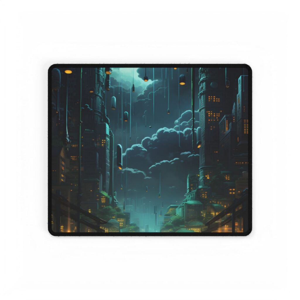 Melancholic Cyberpunk Night: Neon Cityscape Artwork - Desk Mat